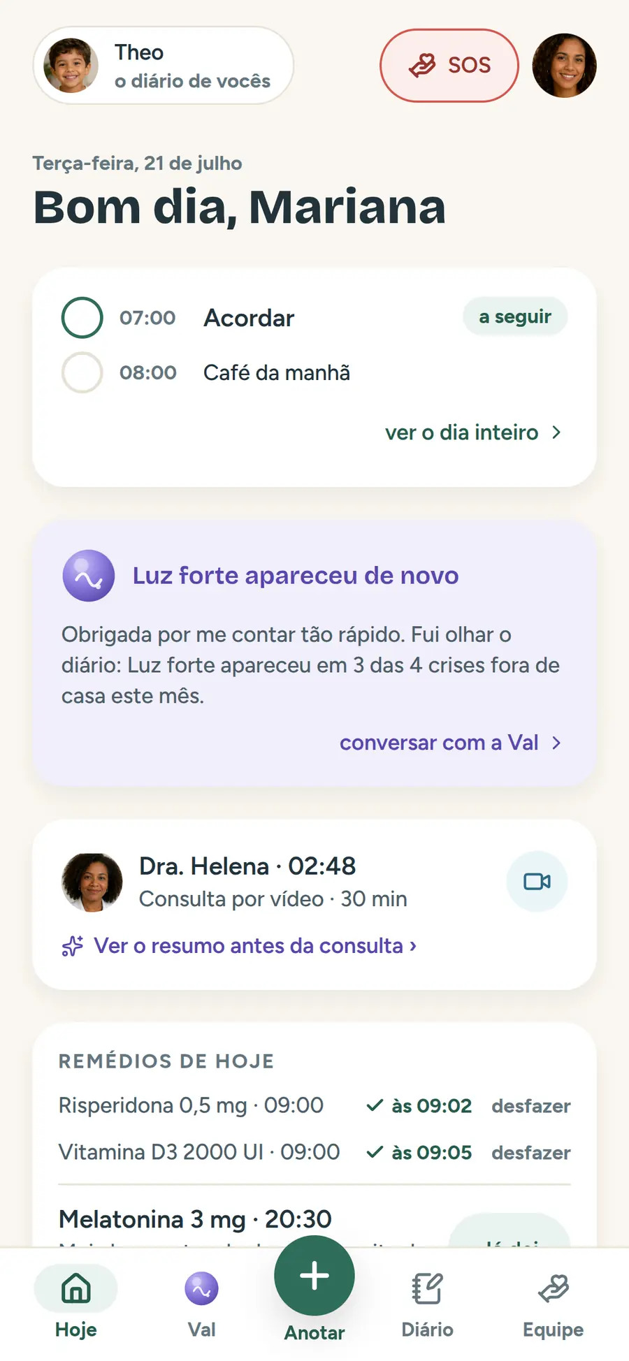 Tela inicial do elo: a rotina do dia, um aviso da Val sobre os registros, a consulta por vídeo e os remédios de hoje