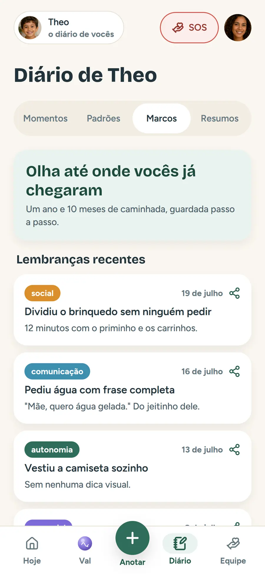 Marcos e conquistas da criança guardados no diário