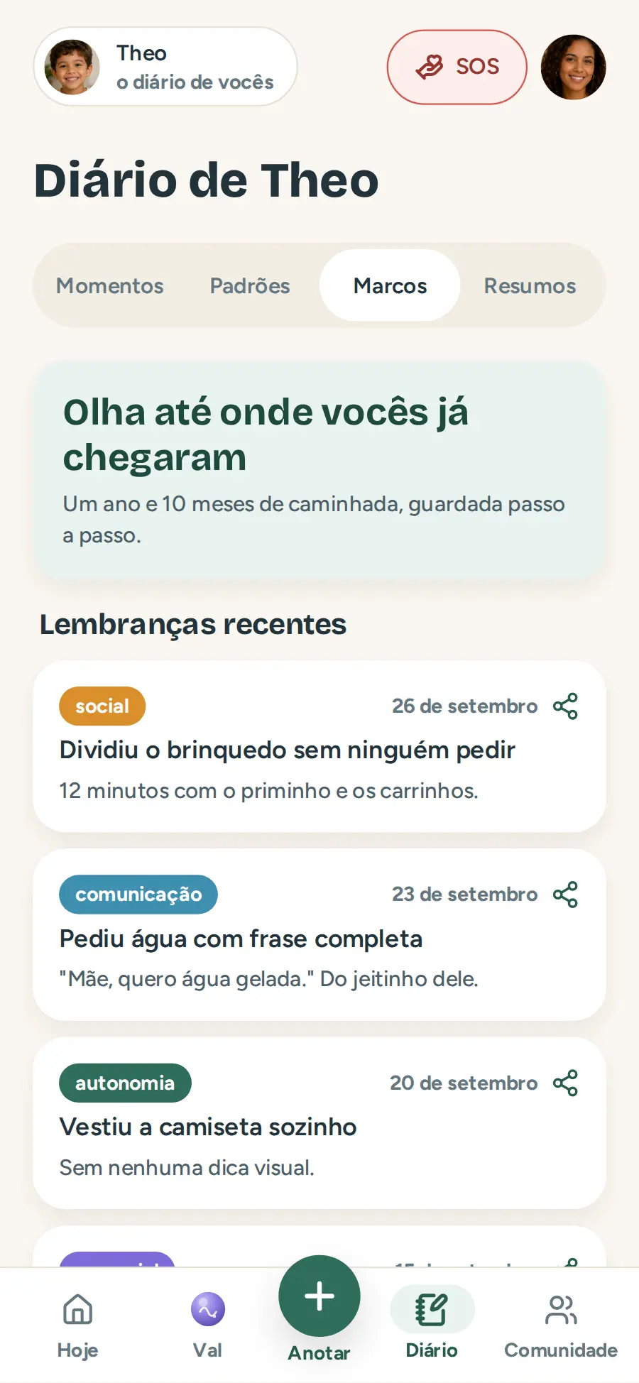 Marcos e conquistas da criança guardados no diário