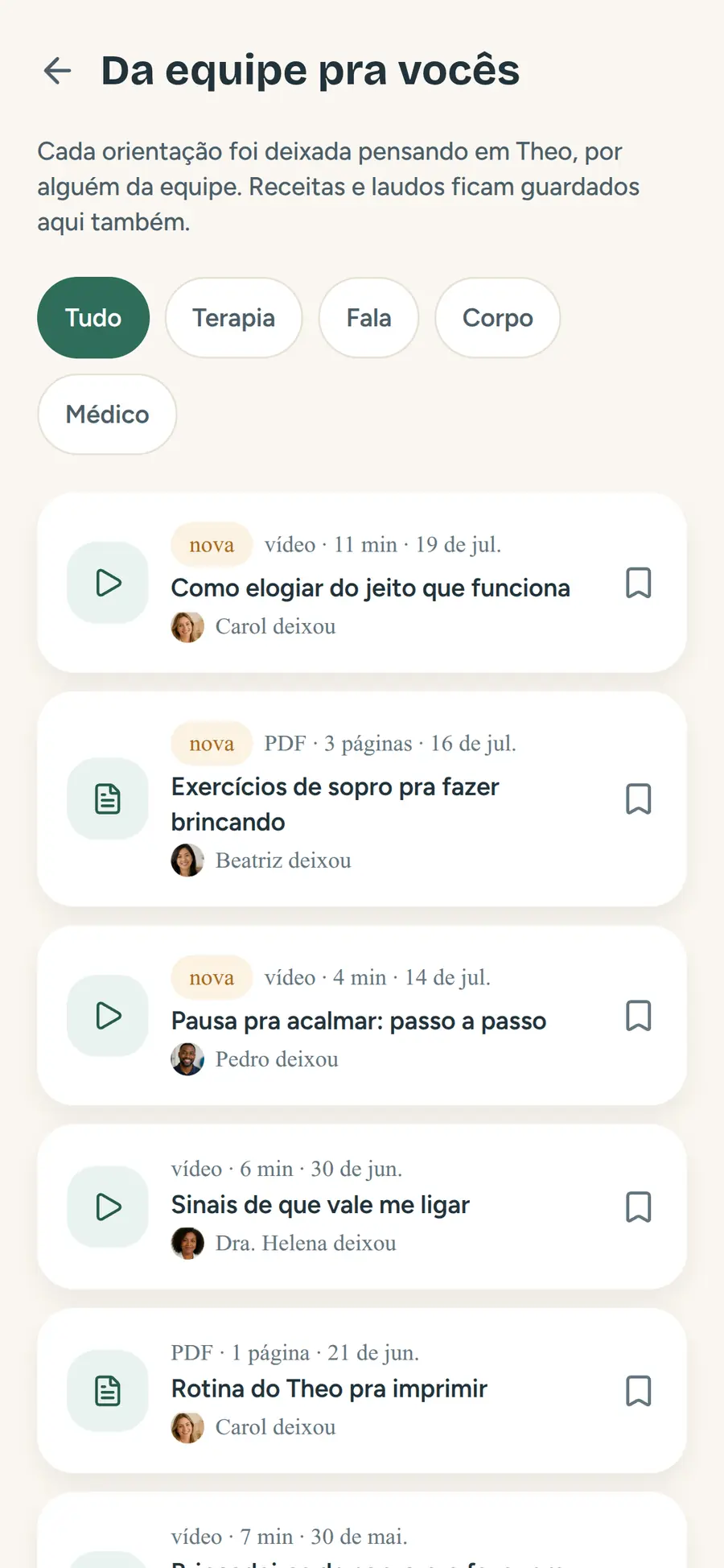 Biblioteca de orientações da equipe: vídeos e documentos guardados