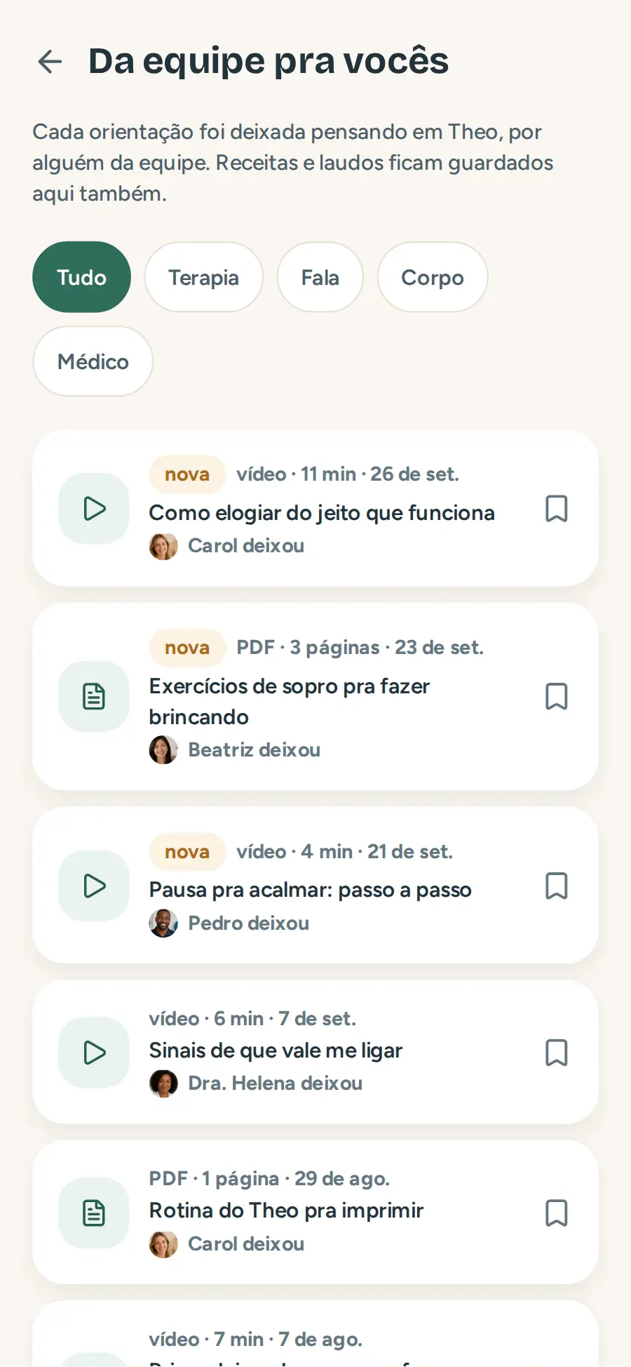 Biblioteca de orientações da equipe: vídeos e documentos guardados