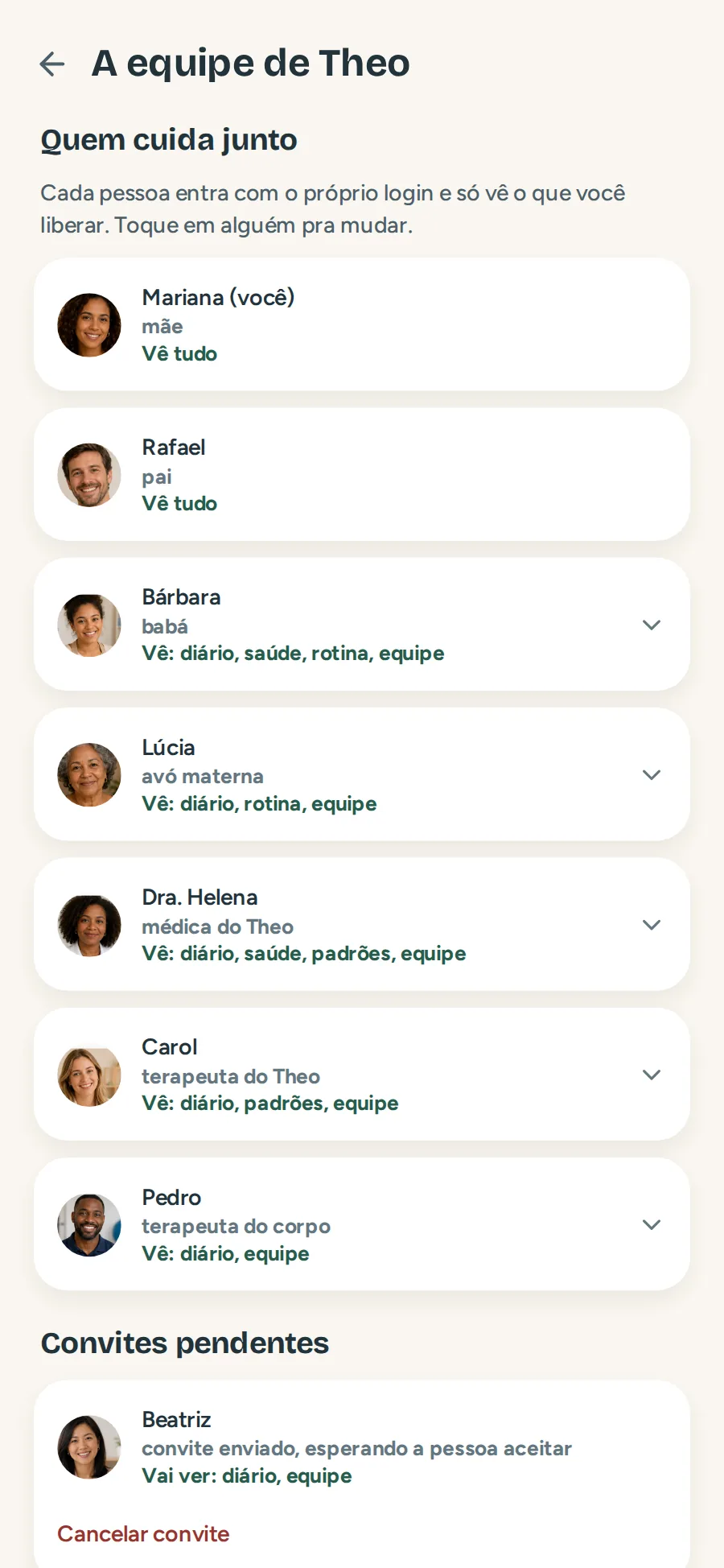 Equipe: cada pessoa com o próprio login, e só o que você liberou pra ela ver