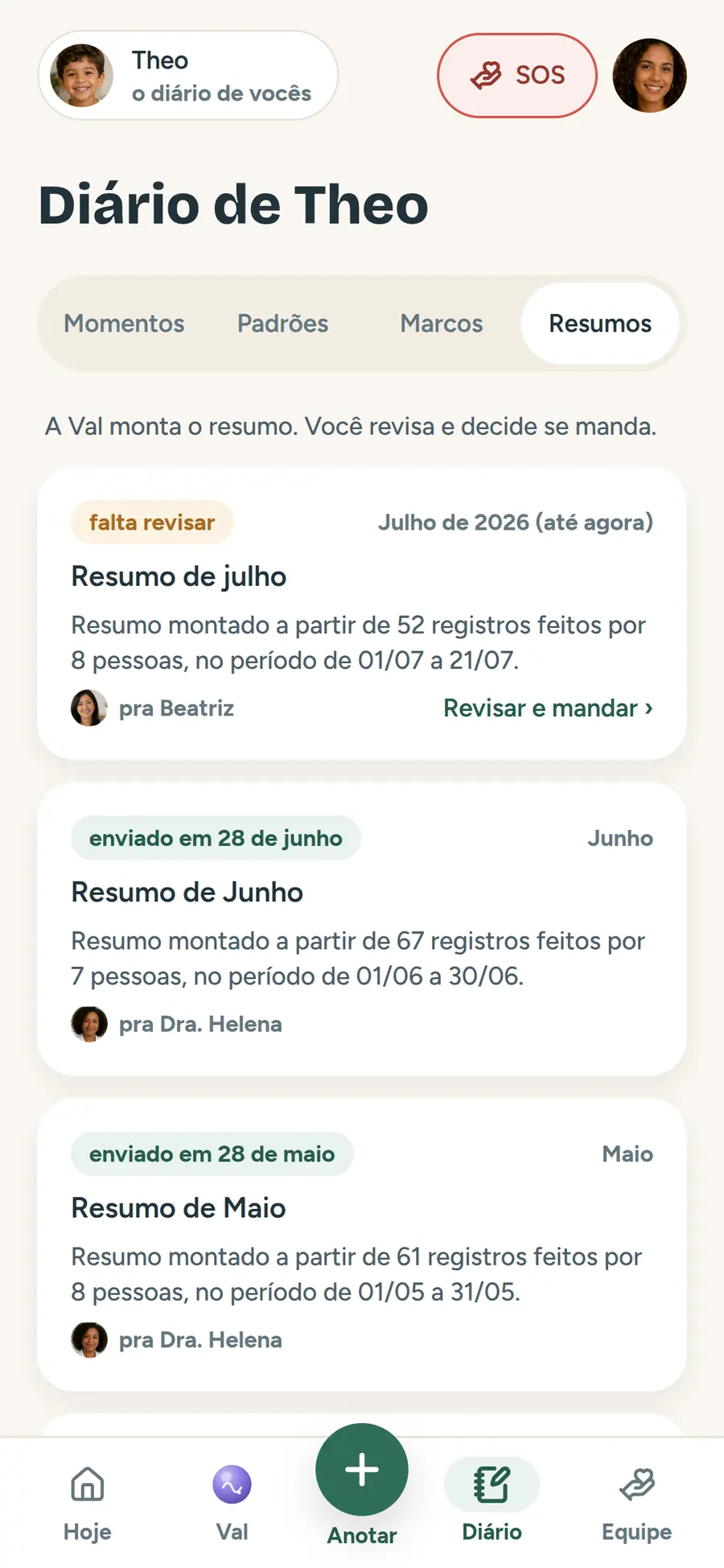 Resumo do mês pronto pra levar na consulta, com os números do diário