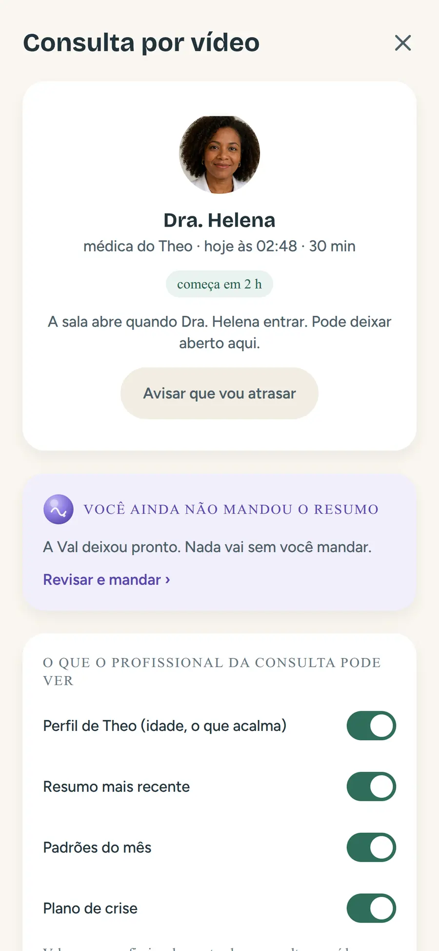 Consulta por vídeo com a médica, e o controle do que o profissional pode ver antes