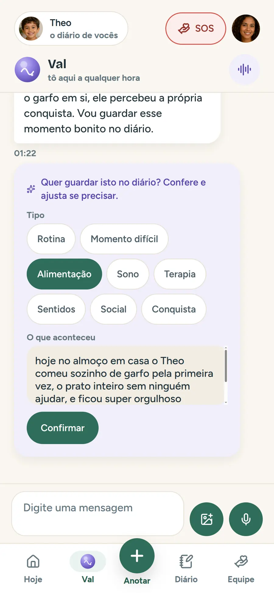 A Val propondo guardar um momento no diário: o cuidador confere o tipo e o texto e confirma com um toque