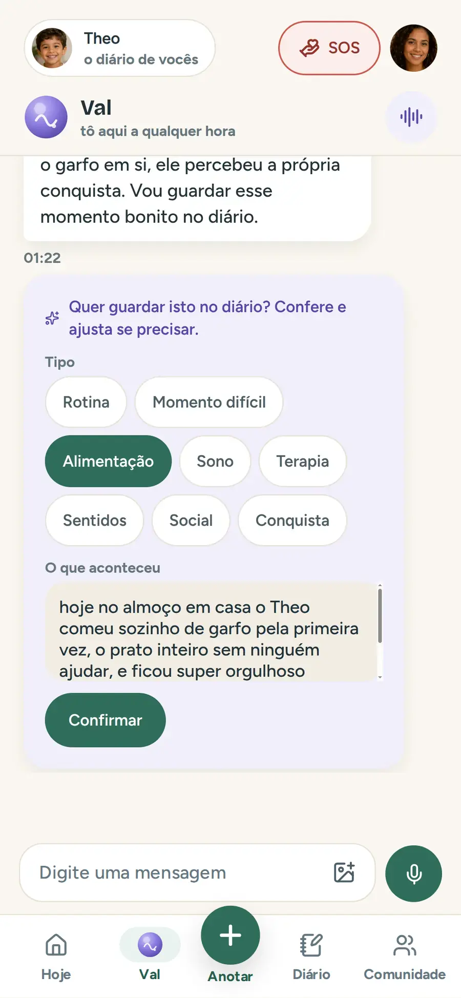 A Val propondo guardar um momento no diário: o cuidador confere o tipo e o texto e confirma com um toque