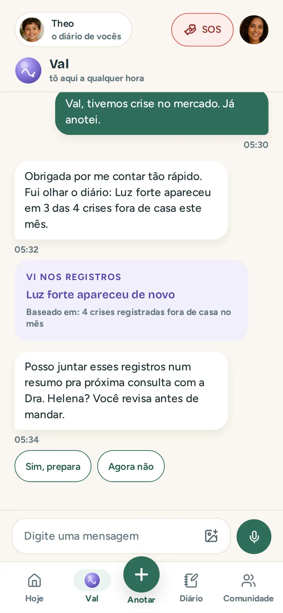 Conversa com a Val: resumo da manhã, acolhimento e o que os registros mostram