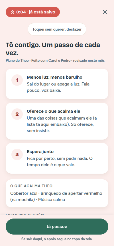Tela de apoio do elo: o plano da crise passo a passo, com o que acalma a criança