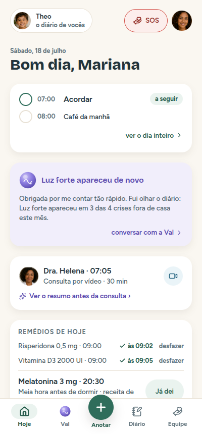 Tela Hoje do elo: rotina do dia, aviso da Val, consulta por vídeo e os remédios de hoje